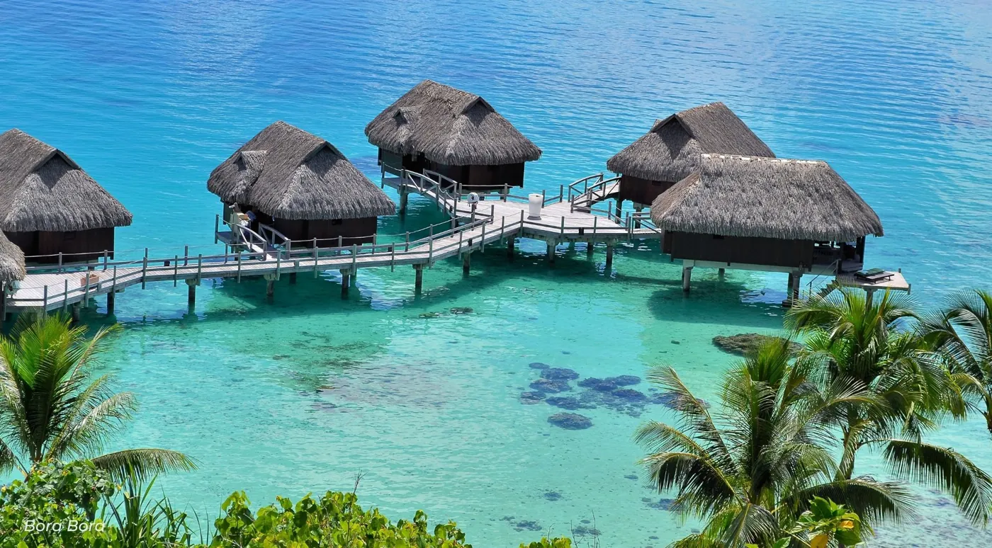 Thatched overwater bungalows on a wooden walkway above clear shallow water