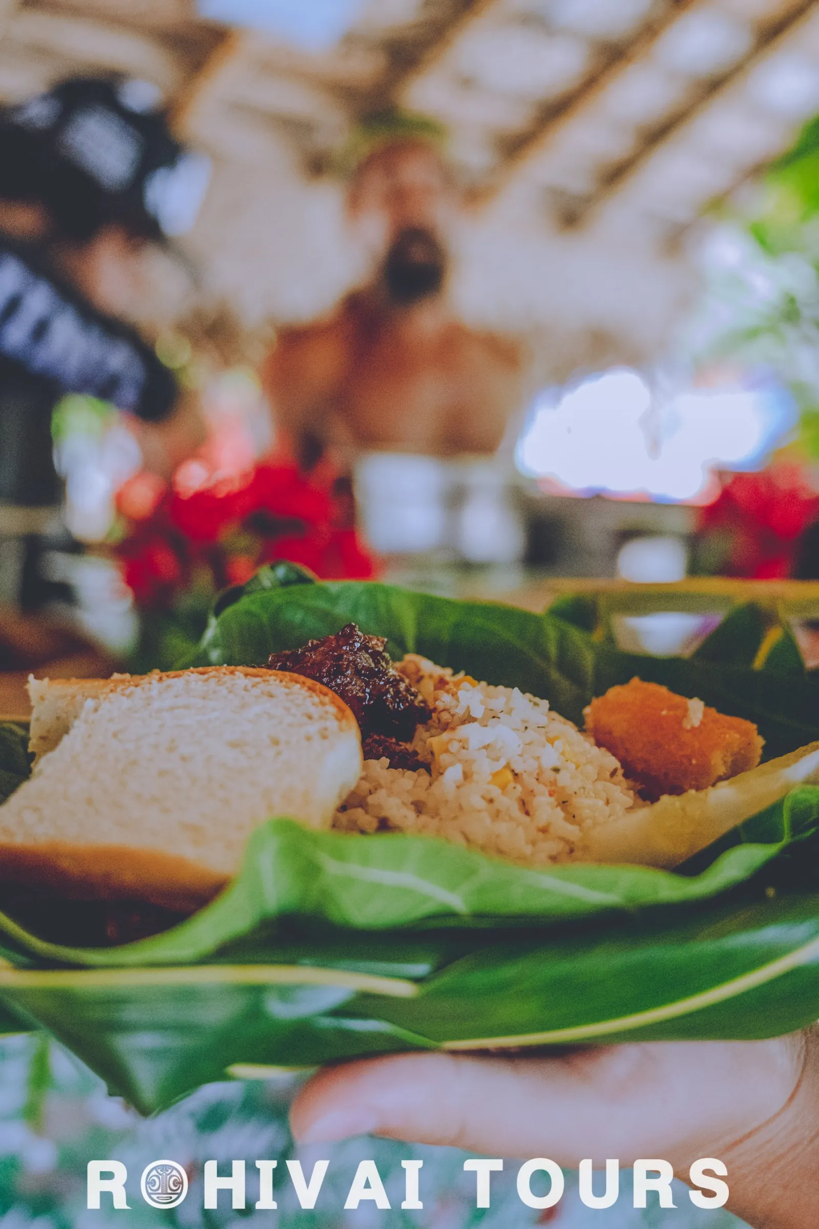 Polynesian picnic lunch served on a green leaf plate