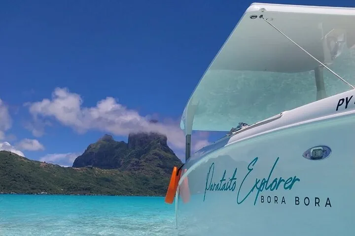 Close view of the Parataito Explorer catamaran hull and canopy