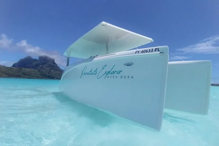 Parataito Explorer catamaran anchored in shallow water below the mountain